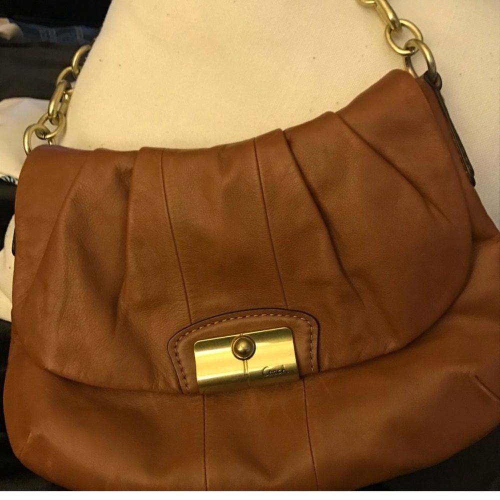 Coach Tan Leather Shoulder Bag with Gold Hardware
